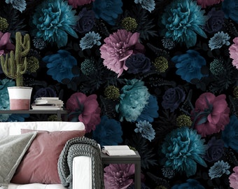 Turquoise en roze bloemen behang, botanisch behang, Peel and Stick behang, verwijderbare muur muurschildering