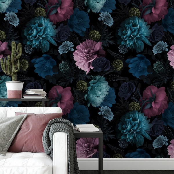 Turquoise and Pink Flowers Wallpaper, Botanical Wallpaper, Peel and Stick Wallpaper, Removable Wall Mural