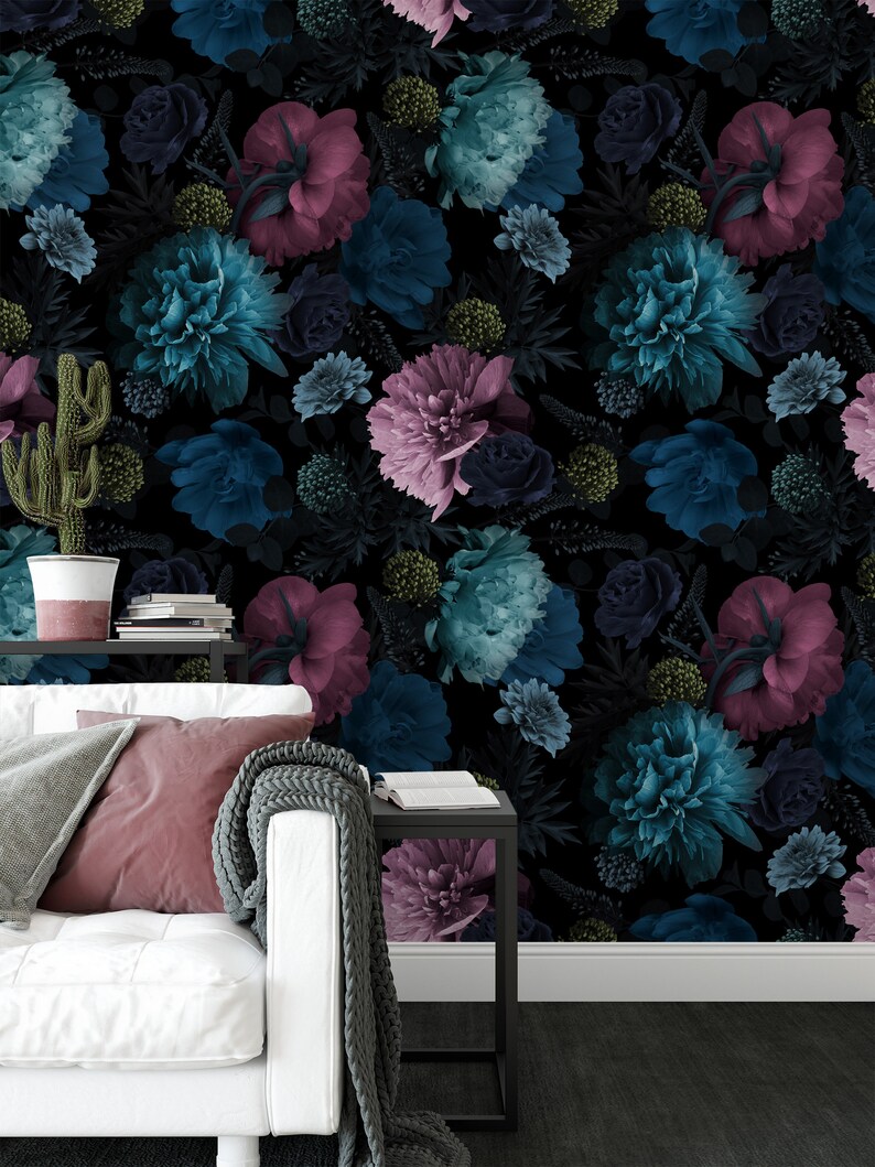 Turquoise and Pink Flowers Wallpaper Botanical Wallpaper - Etsy