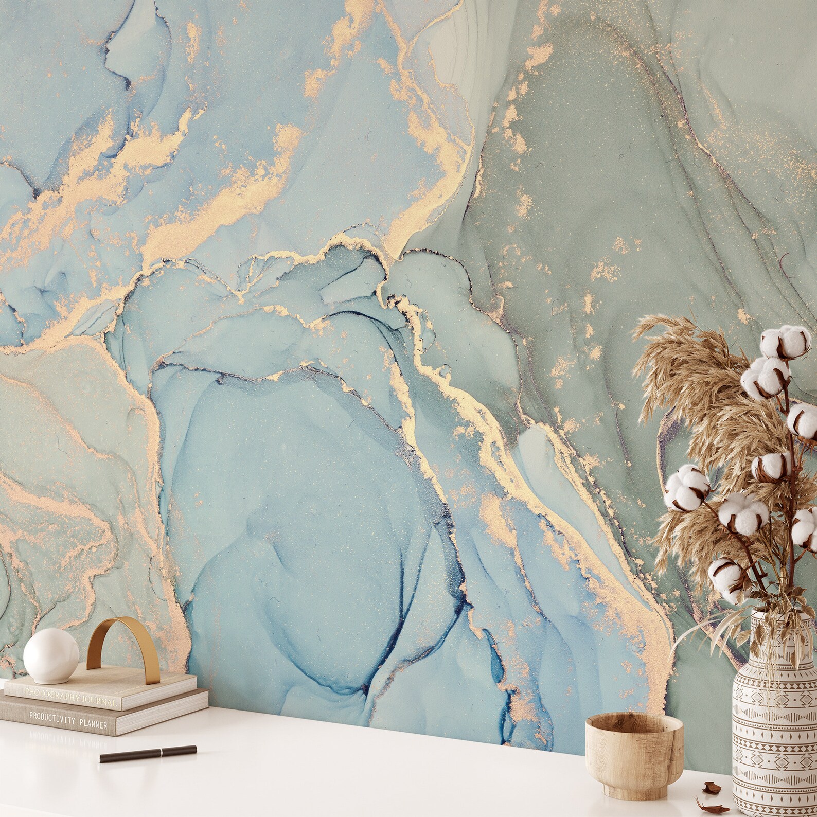 Mint Green and Blue Marble Texture Wallpaper, Natural Luxury Marble