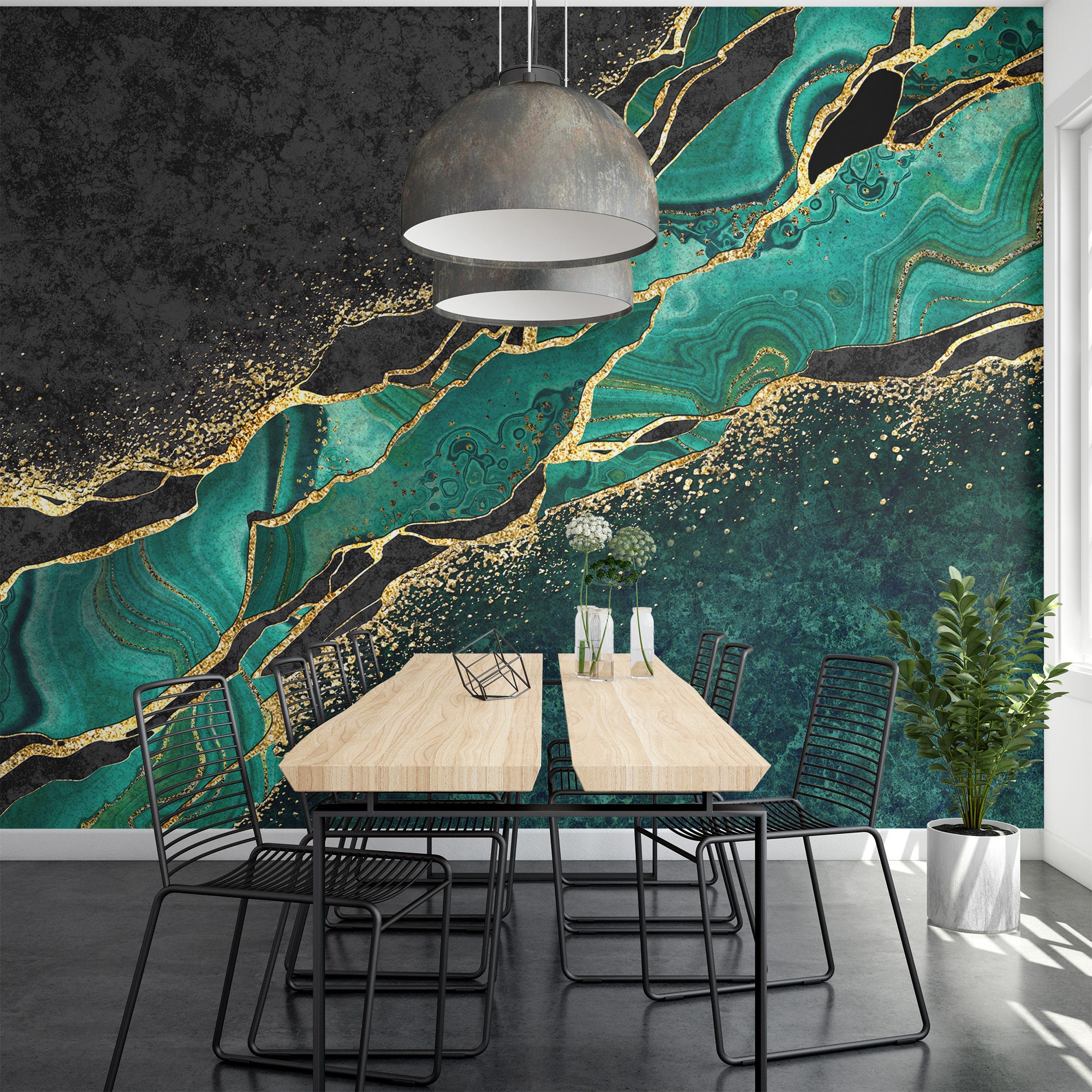 Emerald Green With Gold Marble Texture Wallpaper Black With Etsy UK