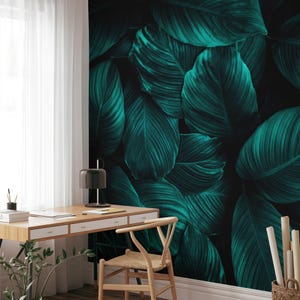 Tropical Dark Green Cannifolium Leaves Pattern Wallpaper, Peel and Stick Green Nature Wallpaper, Self Adhesive Leaf Bathroom Wall Mural
