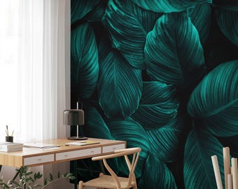 Tropical Dark Green Cannifolium Leaves Pattern Wallpaper, Peel and Stick Green Nature Wallpaper, Self Adhesive Leaf Bathroom Wall Mural