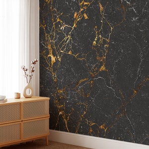 Schwarz mit gold-weißer Marmor-Textur-Tapete, Goldrisse auf schwarzem Marmor zum Abziehen und Aufkleben, abnehmbares selbstklebendes Wandbild
