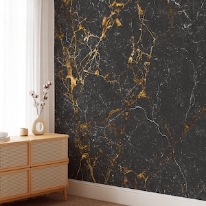 Black With Gold And White Marble Texture Wallpaper, Gold Cracks on Black Marble Peel and Stick Wallpaper, Removable Self Adhesive Wall Mural