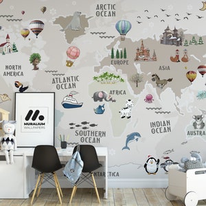 Papier peint carte du monde pour chambre d'enfant beige pastel avec animaux, papier peint carte du monde autocollant pour chambre d'enfant, décoration murale auto-adhésive amovible
