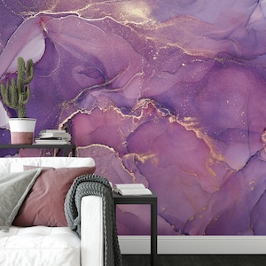 Papel pintado con textura de mármol púrpura, detalles dorados, autoadhesivo