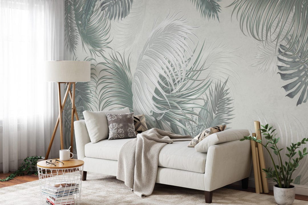 Tropical Leaves Peel and Stick Wallpaper, Muted Green Mural - Etsy ...