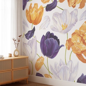 Carta da parati con fiori di peonia gigante morbida, carta da parati con tulipani arancioni, bianchi e viola scuro, stacca e attacca, murale autoadesivo