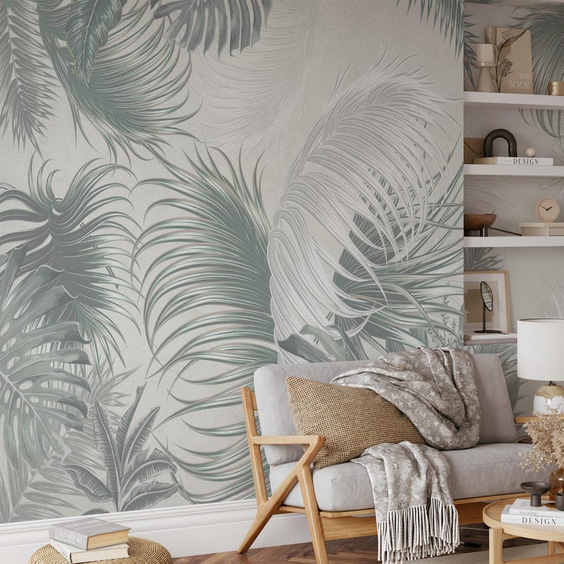 Tropical Leaves Peel and Stick Wallpaper, Muted Green Mural - Etsy