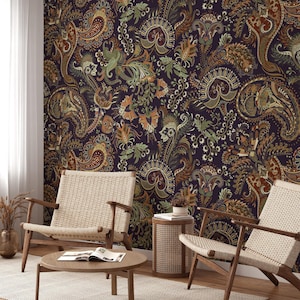 Earth Tones Traditional Floral Pattern with Dark Background Wallpaper, Peel and Stick Whimsical Wallpaper, Self Adhesive Removable Wallpaper