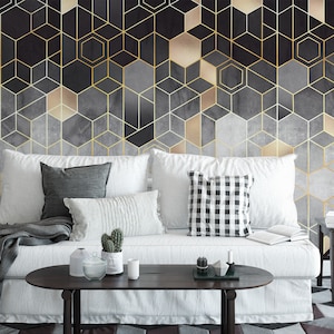 Carta da parati con motivo esagonale geometrico nero e oro, carta da parati rimovibile geometrica, murale autoadesivo astratto
