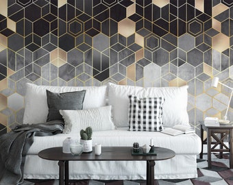 Geometric Black and Gold Hexagon Pattern Wallpaper, Geometric Removable Wallpaper, Abstract Self Adhesive Wall Mural