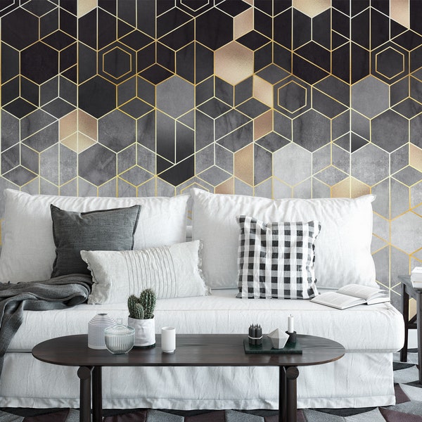 Geometric Black and Gold Hexagon Pattern Wallpaper, Geometric Removable Wallpaper, Abstract Self Adhesive Wall Mural