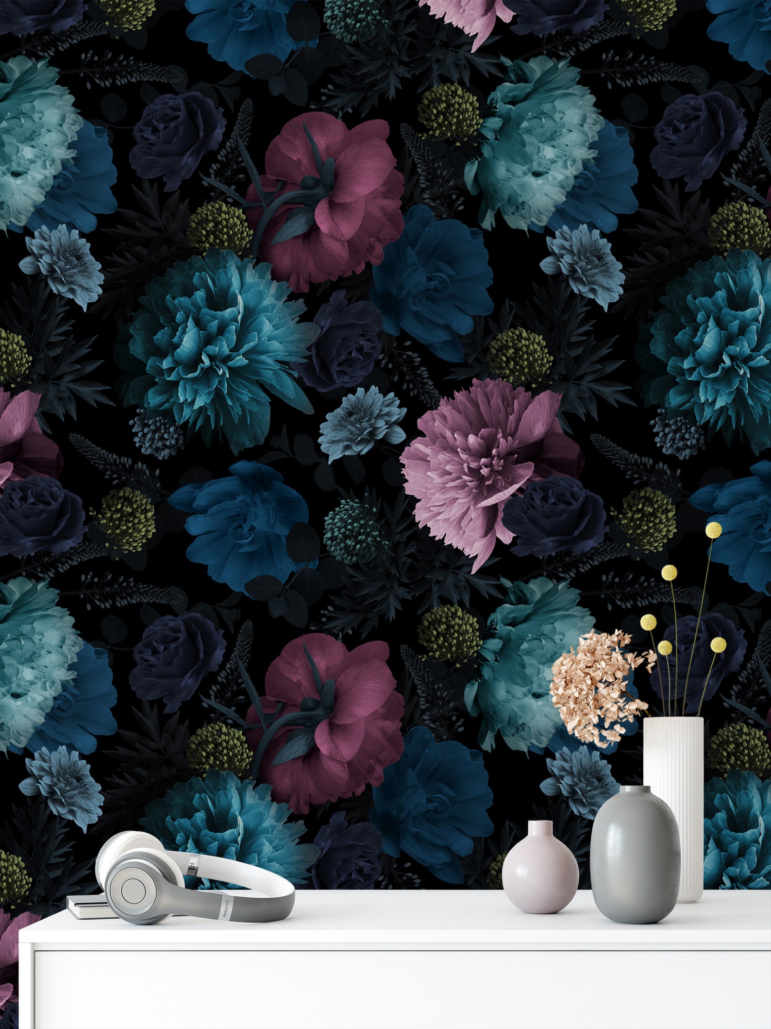 Turquoise and Pink Flowers Wallpaper Botanical Wallpaper - Etsy