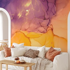 Orange und lila Tinte Kunst Wandbild, durchscheinende Fluid Art entfernbare Tapete, Wandbild zum Abziehen und Aufkleben, selbstklebendes Wandbild für das Wohnzimmer