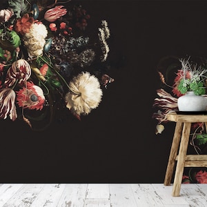 Vintage Bouquet with Dark Background Wallpaper, Floral Peel and Stick Wallpaper, Self Adhesive Temporary Wallpaper, Dark Floral Wall Mural