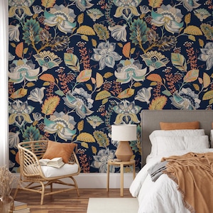 Oriental Flower Pattern With Dark Background Wallpaper, Traditional Floral Wallpaper With Dark Blue Background, Peel and Stick, Nonwoven