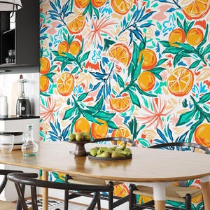 Tropical Illustration With Oranges And Tangerines Wallpaper, Orange Pattern Peel and Stick Wallpaper, Fruit Pattern Kitchen Wallpaper