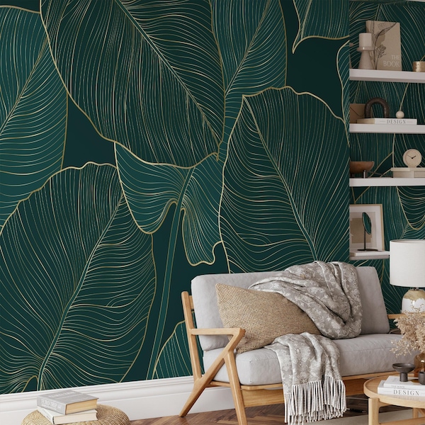 Dark Green Monstera Leaf Wallpaper, Golden Line Art, Peel and Stick