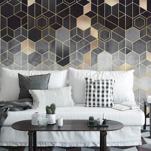 Geometric Black and Gold Hexagon Pattern Wallpaper, Geometric Removable Wallpaper, Abstract Self Adhesive Wall Mural