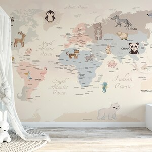 Papier peint carte du monde pastel avec animaux pour chambre d'enfant, papier peint carte du monde autocollant pour chambre d'enfant, décoration murale auto-adhésive