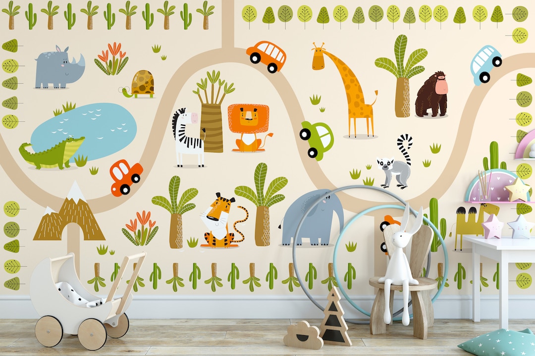 Cute Nursery Wallpaper With Animals and Trees, Peel and Stick Safari