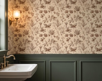 Vintage botanisch behang, Cottagecore Wildflower Peel-and-Stick muurmuurschildering, aardse sepia bloemen verwijderbaar behang, accentmuurdecor