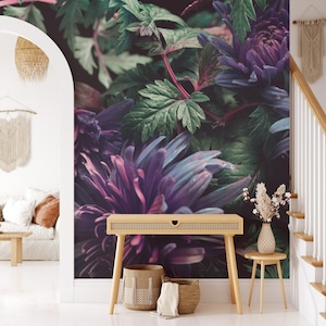 Large Purple Aster Flowers Wallpaper, Peel and Stick Wall Mural, Removable Floral Wallpaper, Self Adhesive Botanic Wallpaper for Bathrooms
