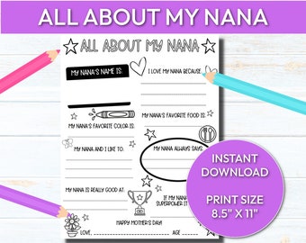 Printable Mother&#39;s Day Gift, All About My Nana Printable, Mother&#39;s Day Gift for Nana, Mother&#39;s Day Gift from Grandkids, Digital Download