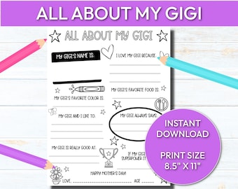 Printable Mother&#39;s Day Gift, All About My Gigi Printable, Mother&#39;s Day Gift for Gigi, Mother&#39;s Day Gift from Grandkids, Digital Download