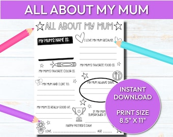 All About My Mum Printable, Mother's Day Gift, Kids Activity (Digital Download)
