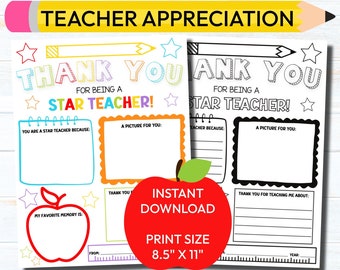 May include: Printable teacher appreciation cards with colorful stars and a pencil design. The cards have space for students to write about their favorite memories and why they appreciate their teacher. The cards are 8.5 inches by 11 inches.