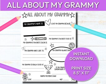 Printable Mother&#39;s Day Gift, All About My Grammy Printable, Mother&#39;s Day Gift for Grammy, Mother&#39;s Day Gift from Grandkids, Digital Download
