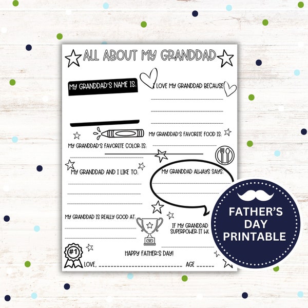 Father's Day Printable Gifts, All About My Granddad, Printable Granddad Gift, Gift from Grandkids Digital Download