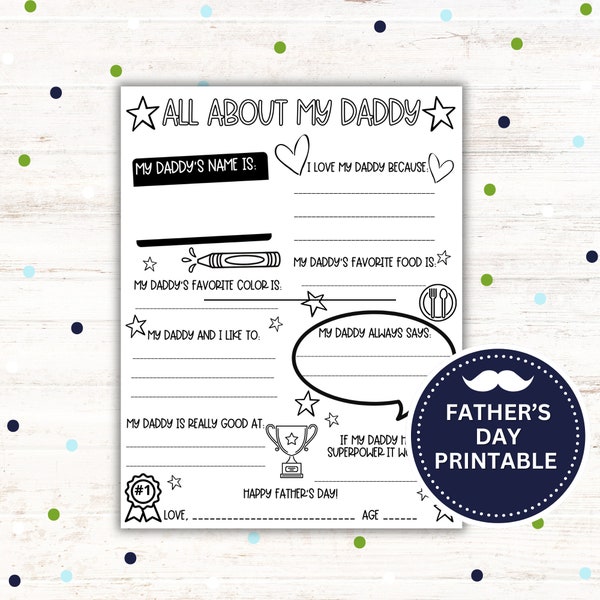 Printable Gift for Daddy, Father's Day Printable Gift, All About My Daddy, Father's Day Gift from Kids, Digital Download