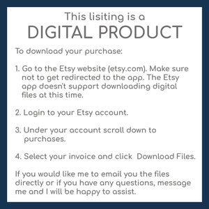 May include: Text instructions on a blue background explaining how to download a digital product from Etsy. The text includes the phrase "This listing is a DIGITAL PRODUCT".