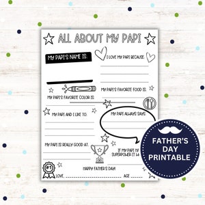 May include: A printable Father's Day activity sheet with black and white illustrations. The sheet includes prompts for children to fill in about their father, such as his favorite color, food, and what he always says. The sheet also includes a space for the child to write a message to their father and their age.