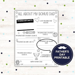 Father&#39;s Day Gift for Bonus Dad, All About My Bonus Dad Printable, Father&#39;s Day Printables, Gift for Bonus Dad, Father&#39;s Day Gift from Kids