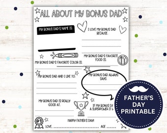 Father's Day Gift for Bonus Dad, All About My Bonus Dad Printable, Father's Day Printables, Gift for Bonus Dad, Father's Day Gift from Kids