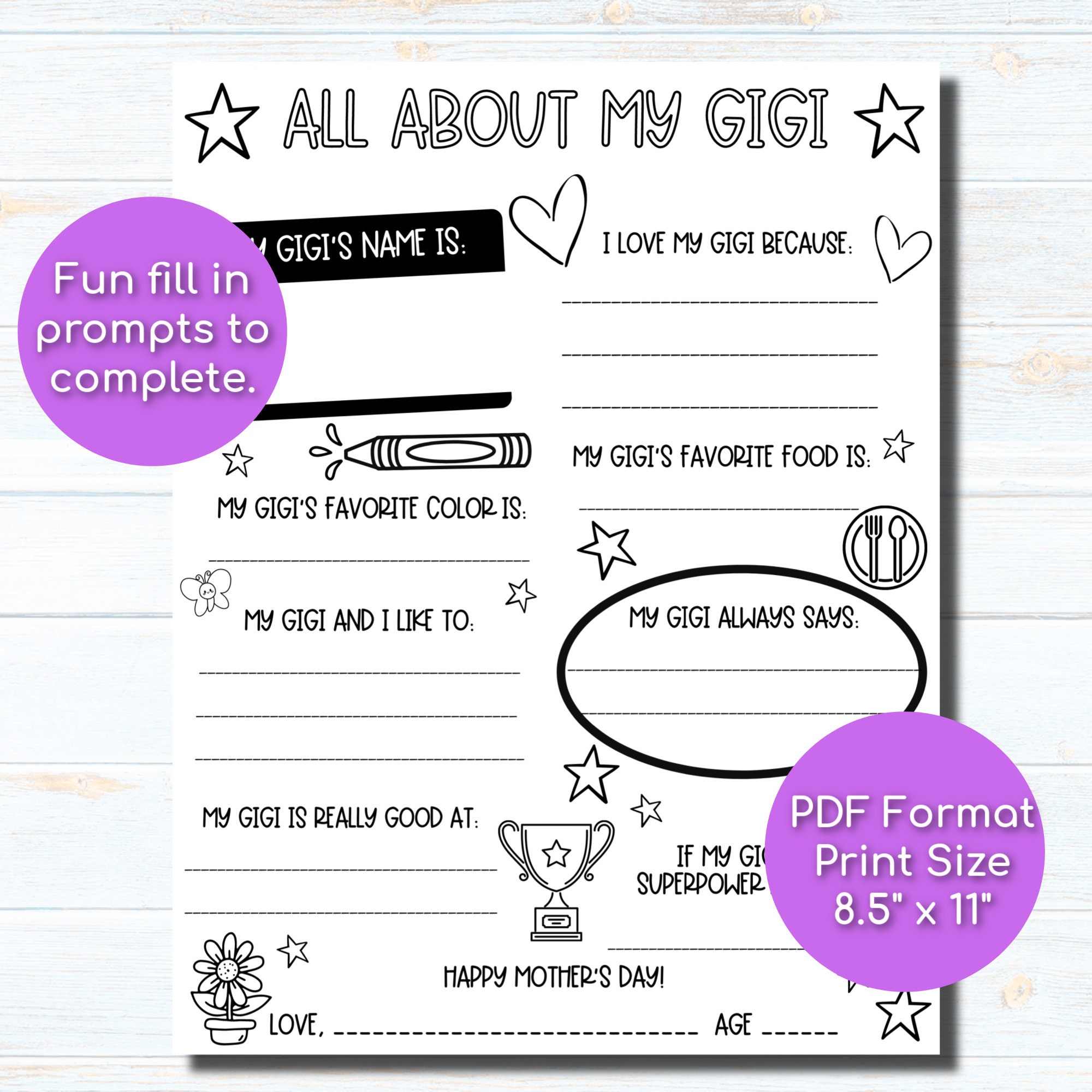 Printable Mother's Day Gift, All About My Gigi Printable, Mother's Day ...