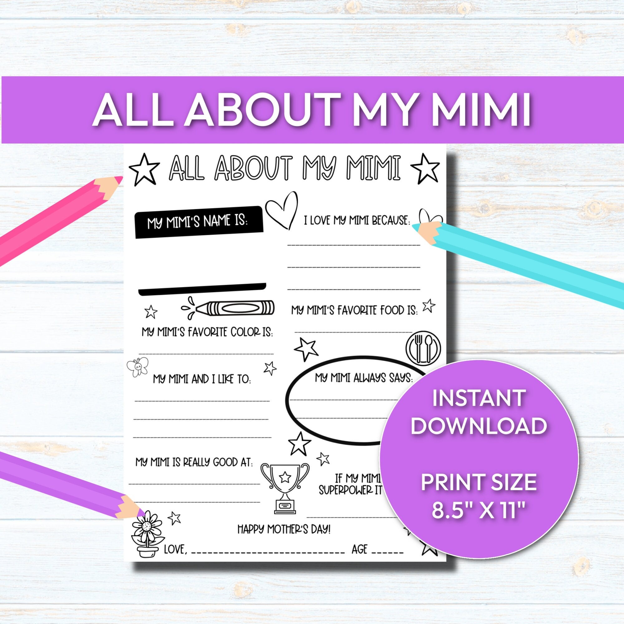 Printable Mother's Day Gift, All About My Mimi Printable, Mother's Day Gift for Mimi, Mother's Day Gift from Grandkids, Digital Download