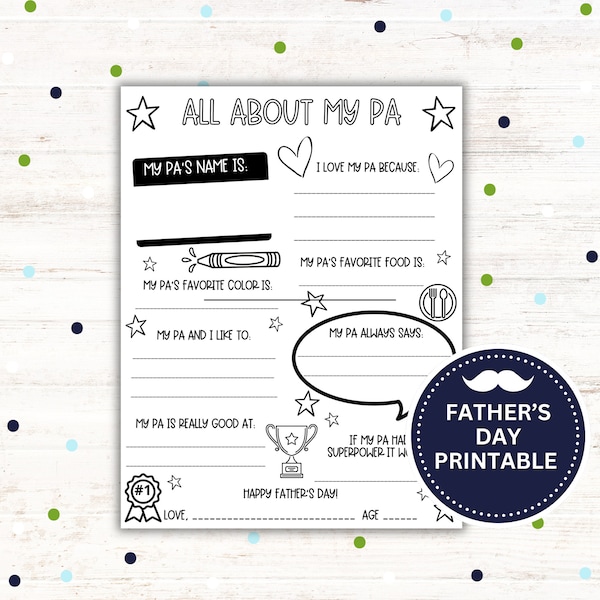 All About My Pa Printable, Father's Day Printable Gift, Father's Day Gift from Grandkids, Printable Gifts for Pa, Digital Download