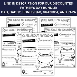 May include: Black and white printable Father's Day cards with fill-in-the-blanks for kids to write about their dad, grandpa, bonus dad, and papa. The cards feature hearts, stars, and a trophy.
