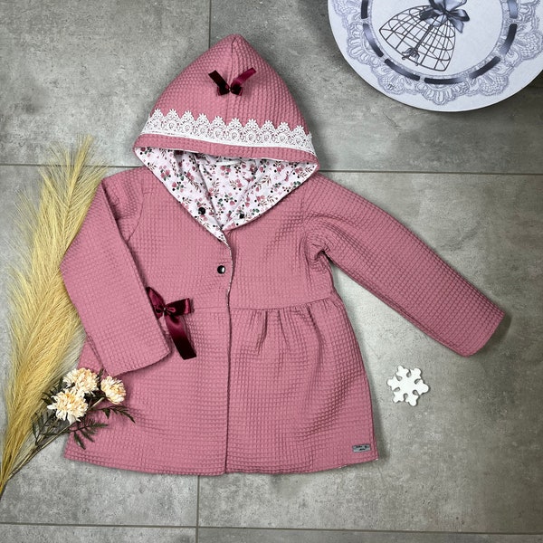 Veste d'été pour fille, veste à capuche, veste mi-saison, veste bébé, veste en piqué gaufré en vieux rose. 56-110