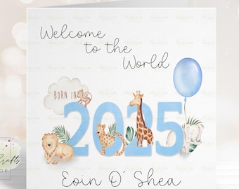 Welcome to the World Personalised New Baby Card, Born in 2025, Jungle Animals, Custom Name, Birth of Baby Boy/Girl, Card for New Parents