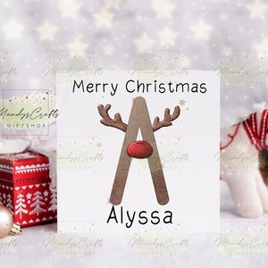 Personalised Merry Christmas Greeting Card, Reindeer Alphabet Initial with Custom Name, Reindeer Antlers, Santa&#39;s Reindeer