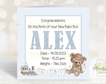 Congratulations New Baby Girl/Boy Card, Pink Floral, Blue Building Blocks/Train, Personalised Name in Glitter Style Alphabet, New Baby Gift