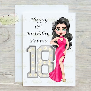 Elegant Party Dress Birthday Card, For Her, Significant Age Birthday, 18th, 21st, 30th, 40th, 50th, 60th, 70th, Customised Character, Pink