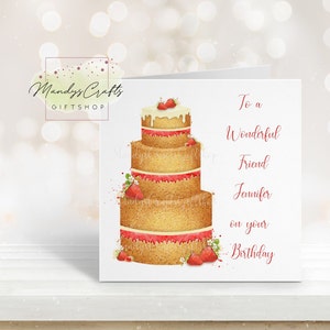 To a special Friend on your Birthday Card, Lavender Cake, Strawberry Cake, Custom Birthday Card, Iced Birthday Cake Design, Floral & Bees